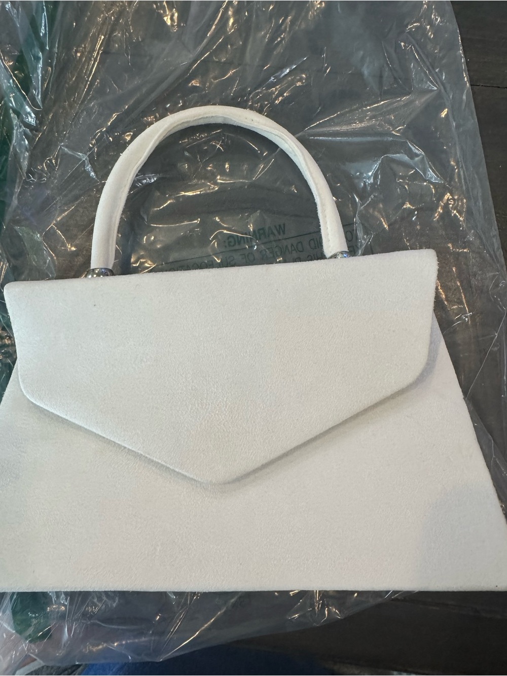 White Suede Envelope-Style Top Handle Clutch
